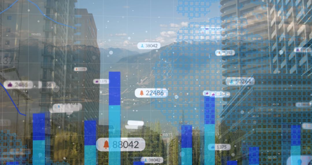 Futuristic Urban Data Visualization Over Scenic Cityscape