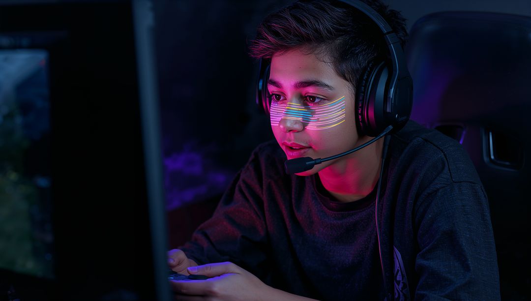 Focused Teen Gamer Wearing Headset Playing Console Game with Futuristic Neon Face Stripes