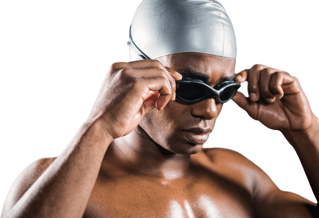 Focused Swimmer Adjusting Goggles on Transparent Background