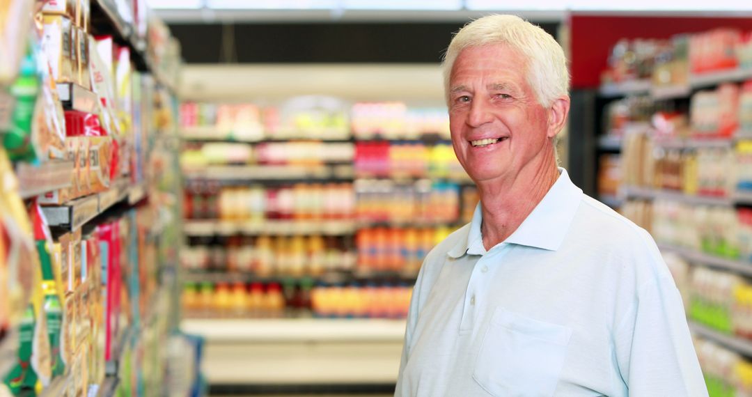 Senior Man Smiling in Supermarket Aisle - Free Images, Stock Photos and Pictures on Pikwizard.com