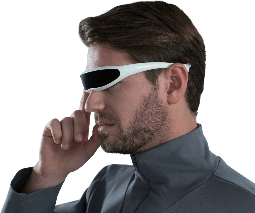 Man Demonstrating Futuristic Transparent Virtual Reality Glasses