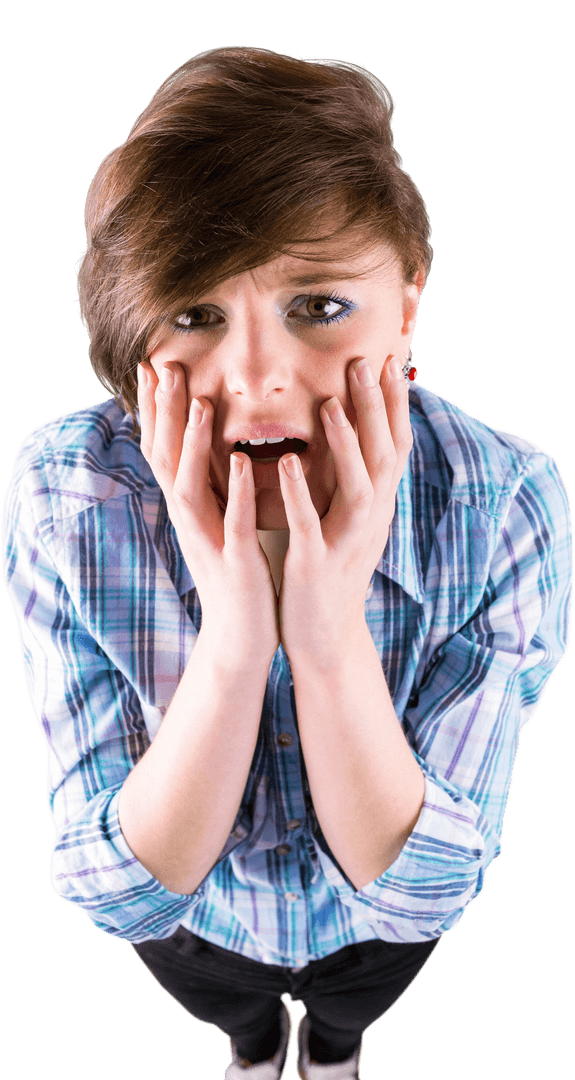 Scared Caucasian Woman with Hands on Face Transparent Background