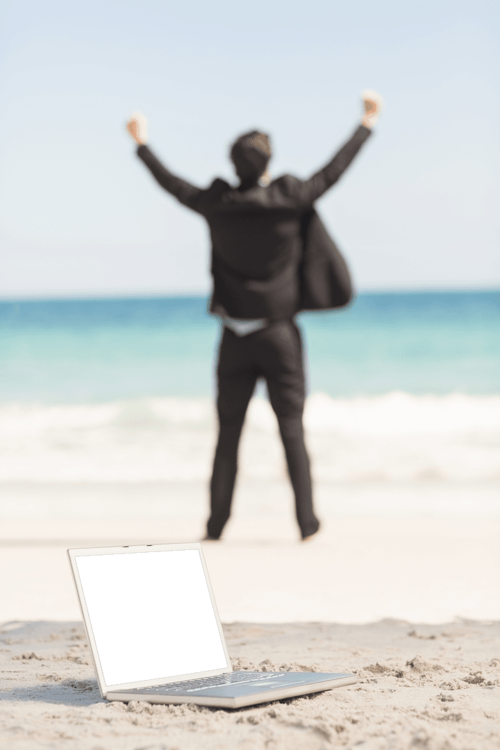 Transparent Joyful Businessman on Beach Happy Laptop Won