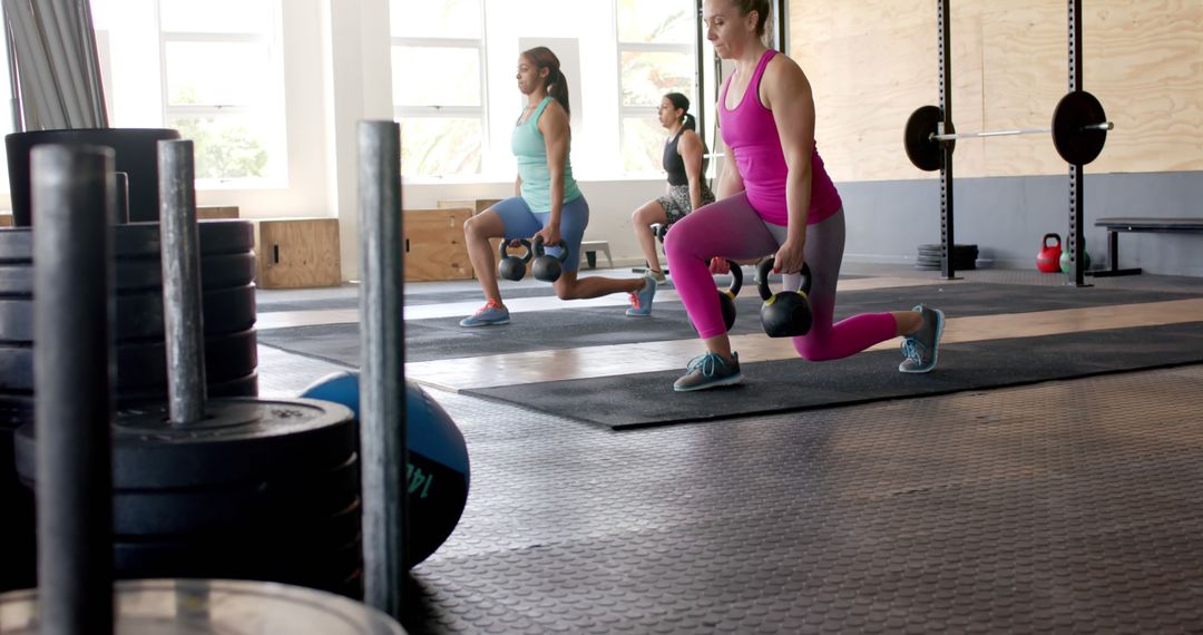 Women Engaged in Intense Dumbbell Lunges Routine at Gym