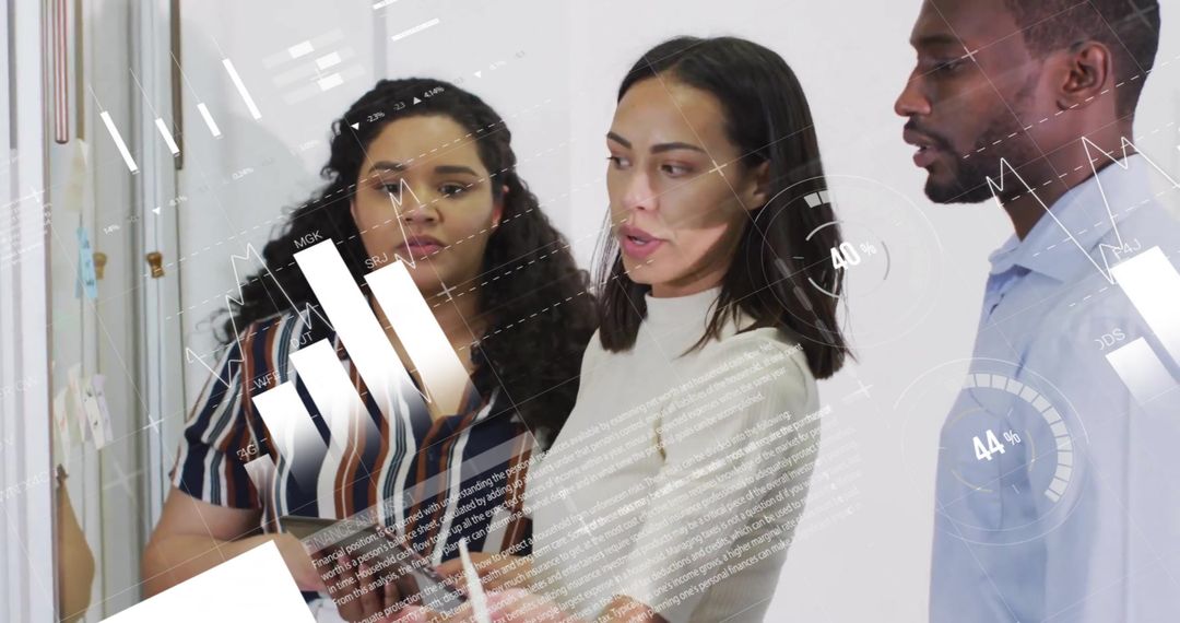 Diverse Coworkers Collaborating with Infographic Elements Overlaid