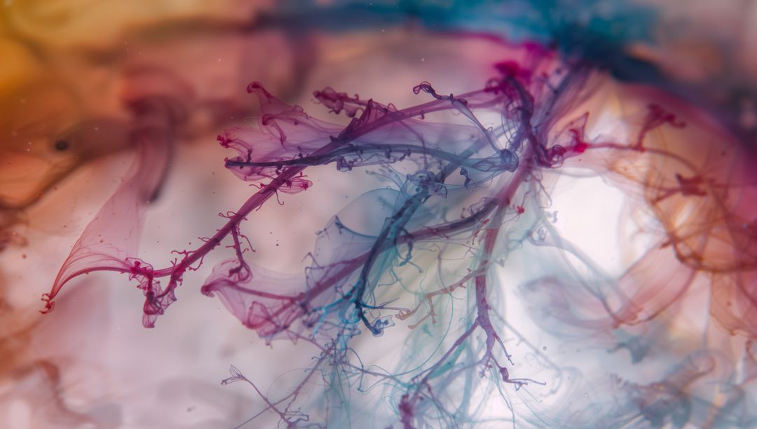 Flowing magenta and teal ink forming branching plumes with dreamy bokeh and soft diffusion