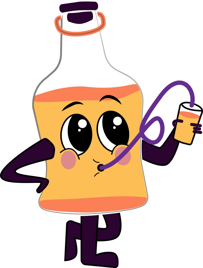 Playful Cartoon Bottle with Straw and Cup on Transparent Background