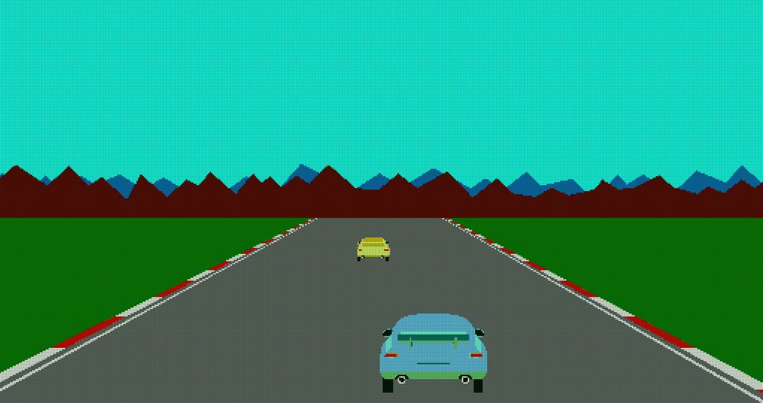 Retro Video Game Racing Track with Cars Zooming Ahead