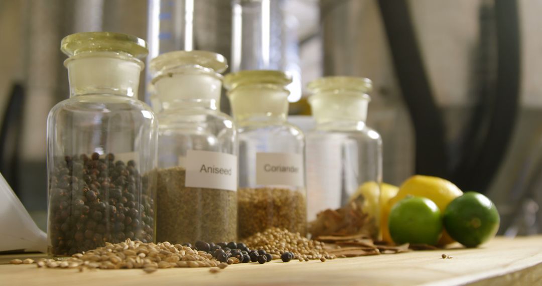 Close-up of Glass Jars with Various Spices and Citrus Fruits on Wooden Table - Free Images, Stock Photos and Pictures on Pikwizard.com