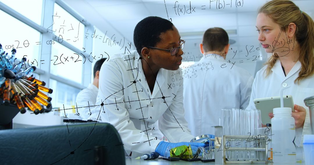 Diverse Scientists Discussing Research in Lab Superimposed with Formulas