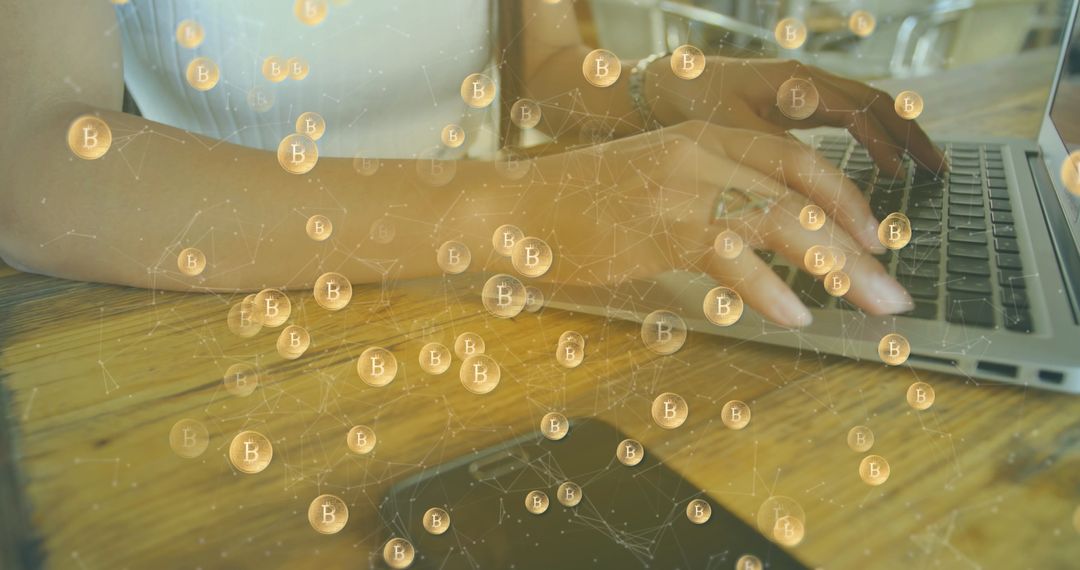 Bitcoin Symbols with Woman Using Laptop, Tech and Cryptocurrency Concept