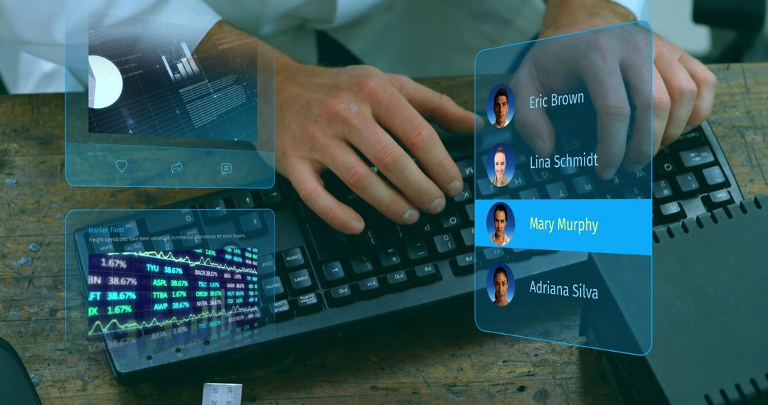 Hands Typing on Keyboard with Digital Social Media Interface