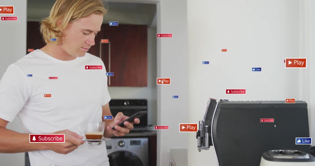 Man Enjoying Coffee with Smartphone and Social Media Icons