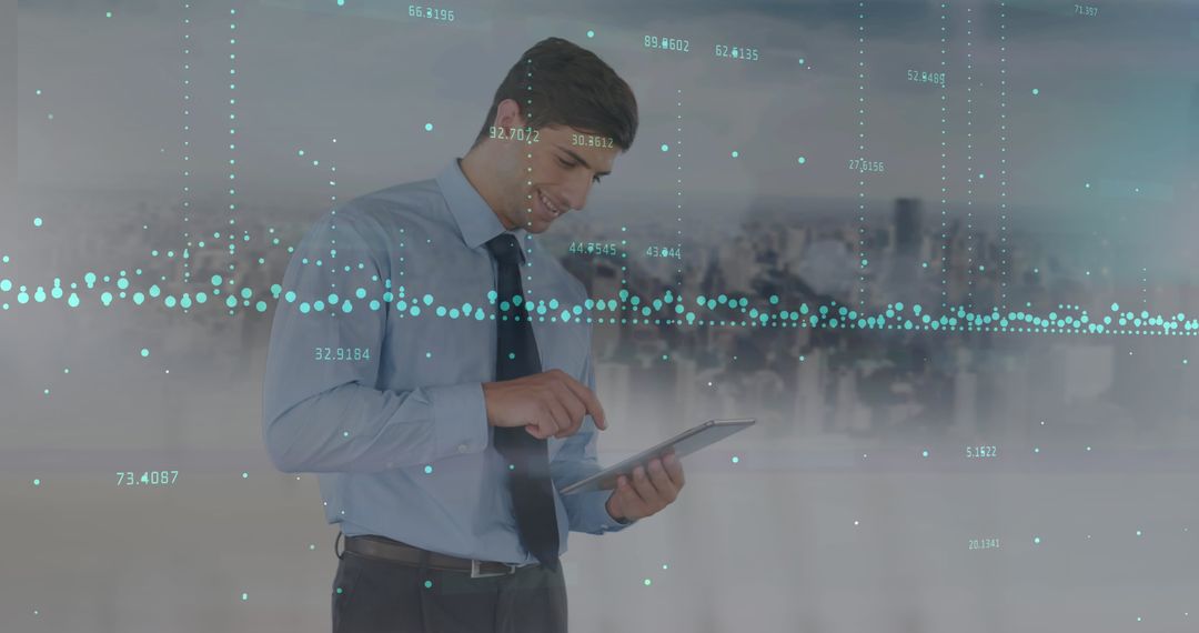 Businessman Analyzing Data on Tablet with City in Background