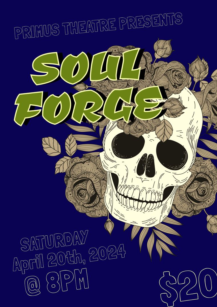 Theatrical Drama Poster with Skull and Roses for Soul Forge - Download Free Stock Templates Pikwizard.com