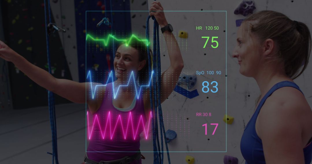 Women Climbing with Digital Heart Rate Monitor Display