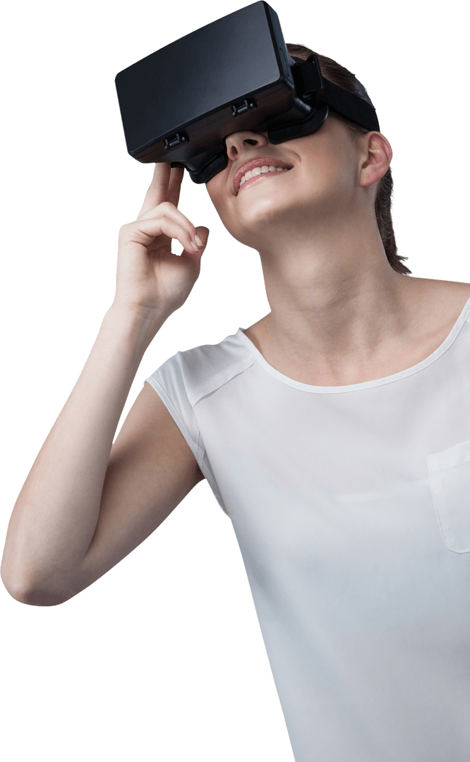 Smiling Woman Enjoying Transparent Virtual Reality Experience