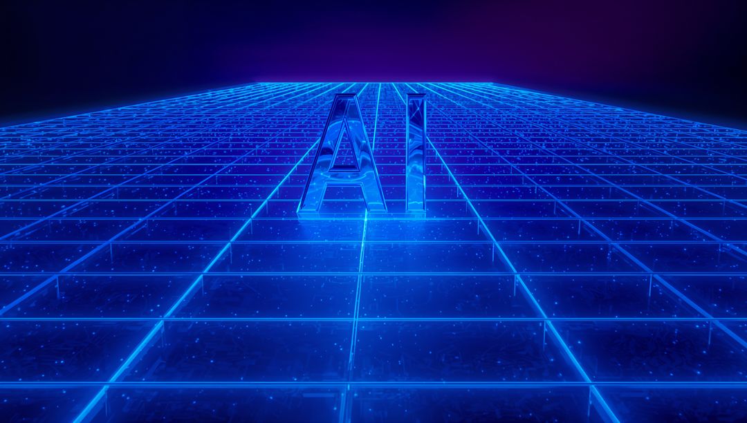 Glassy AI Letters Rising on Neon Blue Grid Plane, Futuristic Cyberpunk Digital Landscape