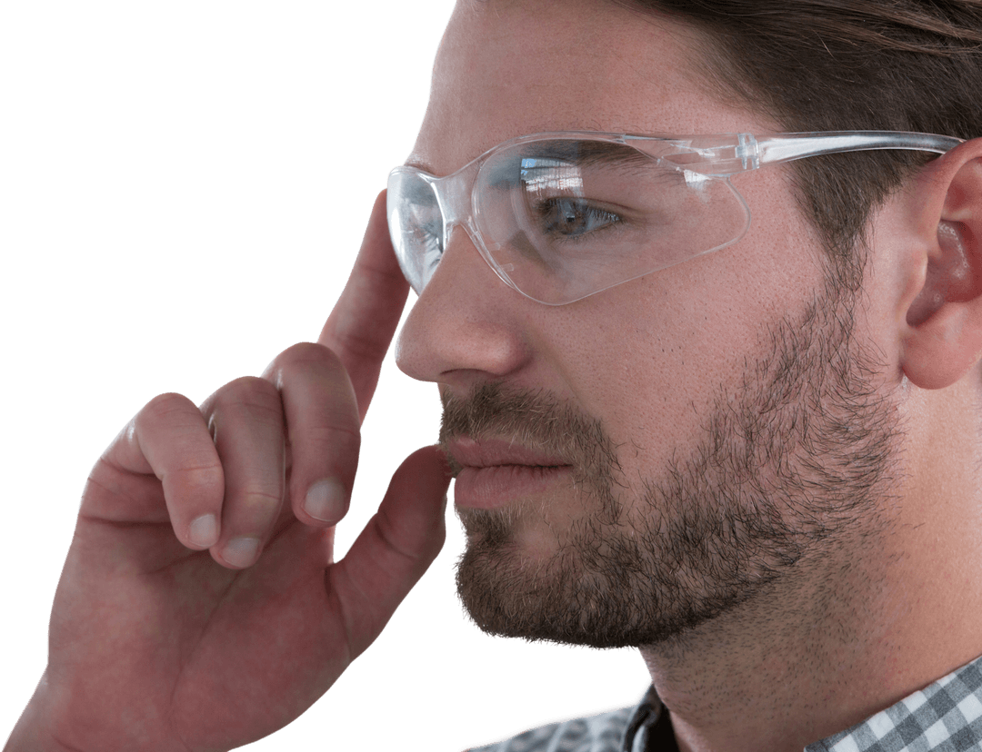 Man Wearing Transparent Safety Glasses Pondering Side Profile