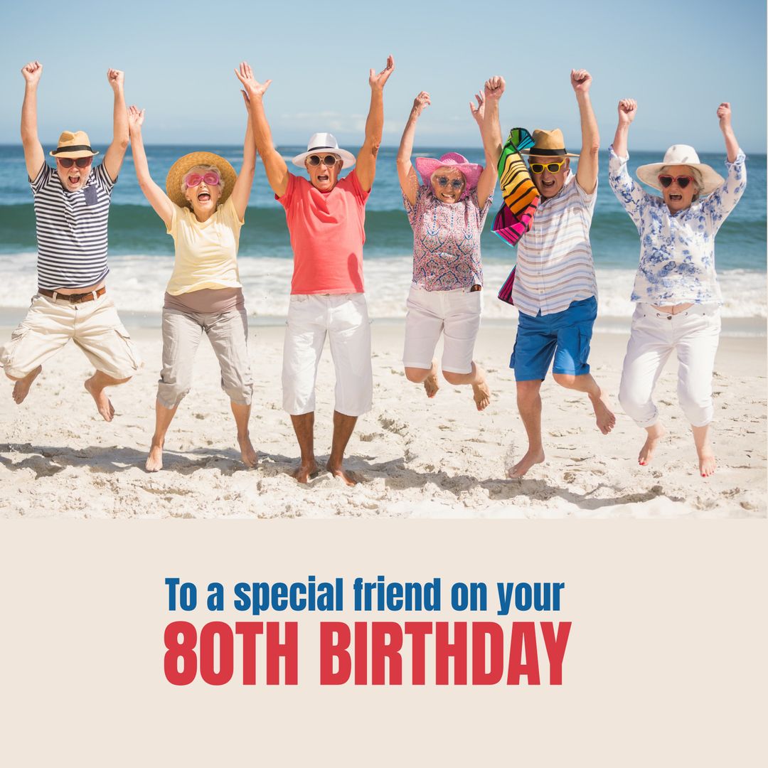 Joyful Seniors Celebrating 80th Birthday on Sunny Beach - Download Free Stock Templates Pikwizard.com