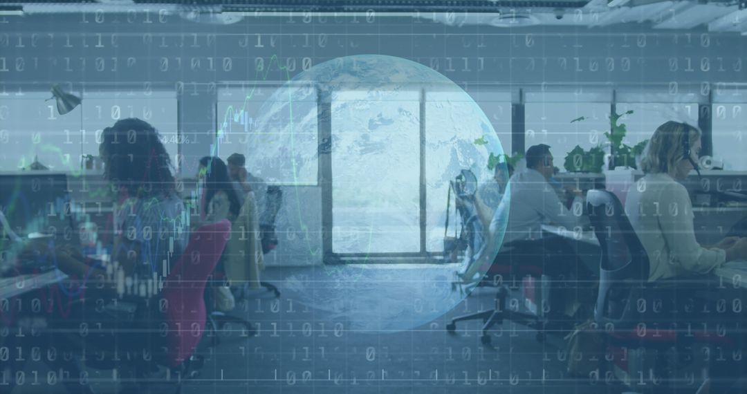 Corporate Team with Digital Globe Interface Overlay