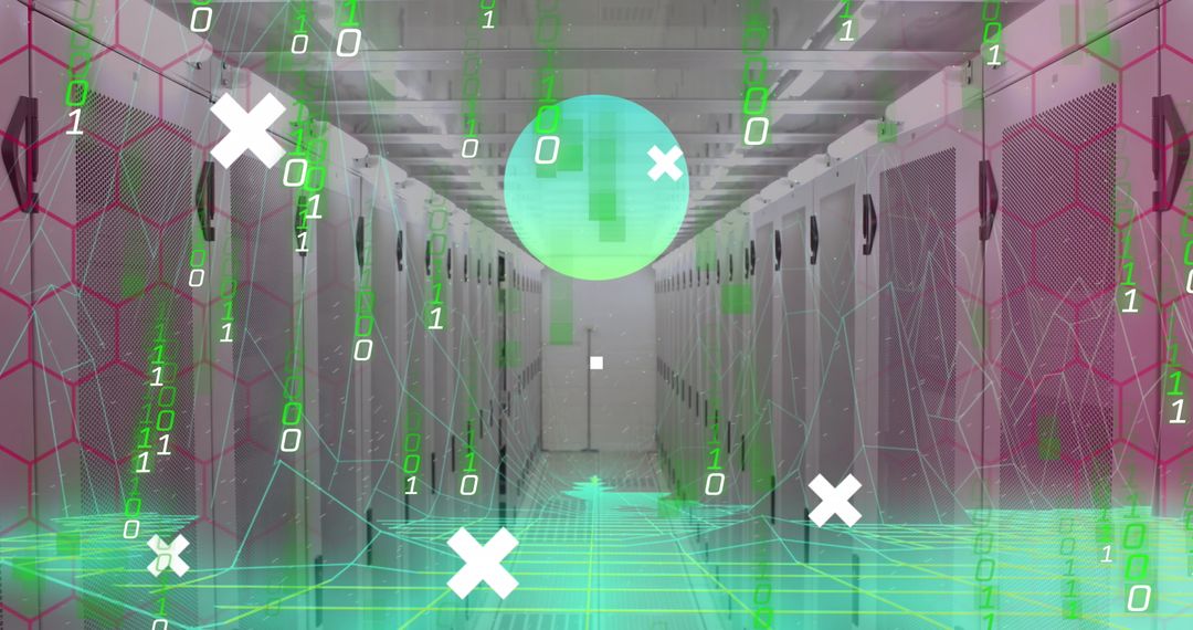 Futuristic Data Center with Digital Overlay and Binary Code - Free Images, Stock Photos and Pictures on Pikwizard.com