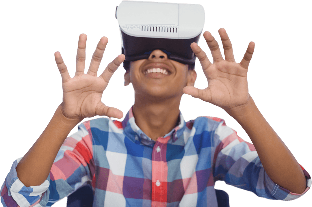 Boy Enjoying Virtual Reality Experience with Transparent Background