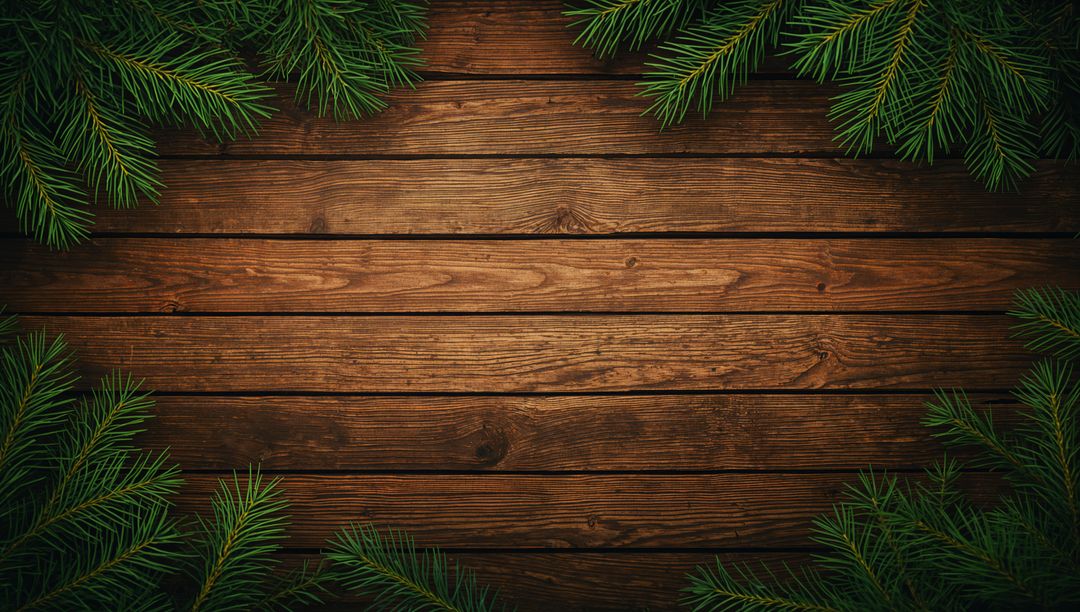 Rustic Wooden Planks with Evergreen Branch Frame and Seasonal Decor