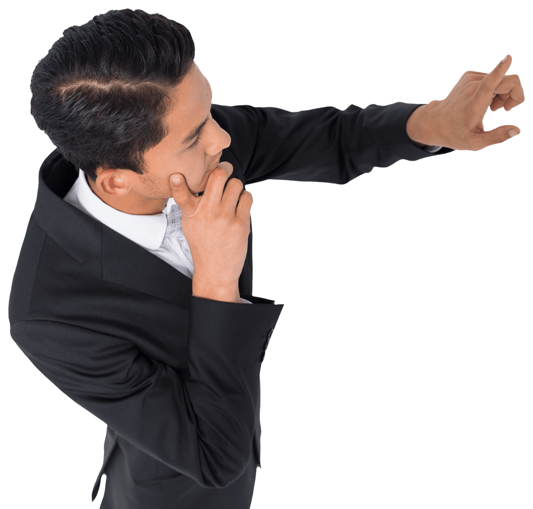 Focused Asian Businessman Gesturing with Index Finger on Transparent Background
