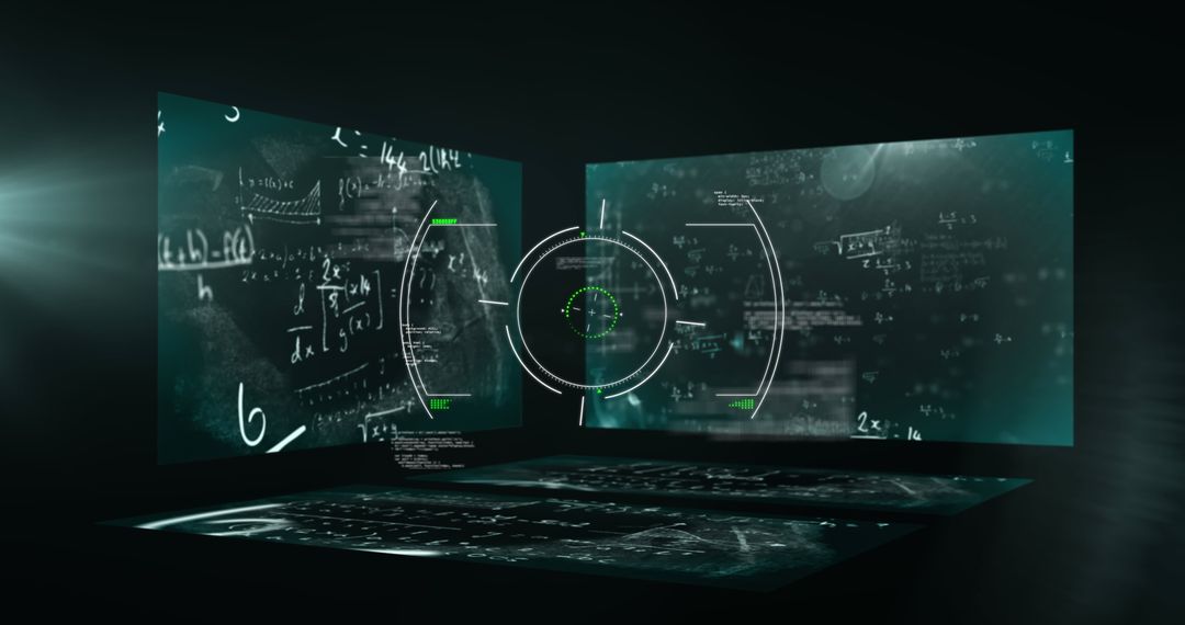 Digital Screens Displaying Mathematical Formulas in Futuristic Setting