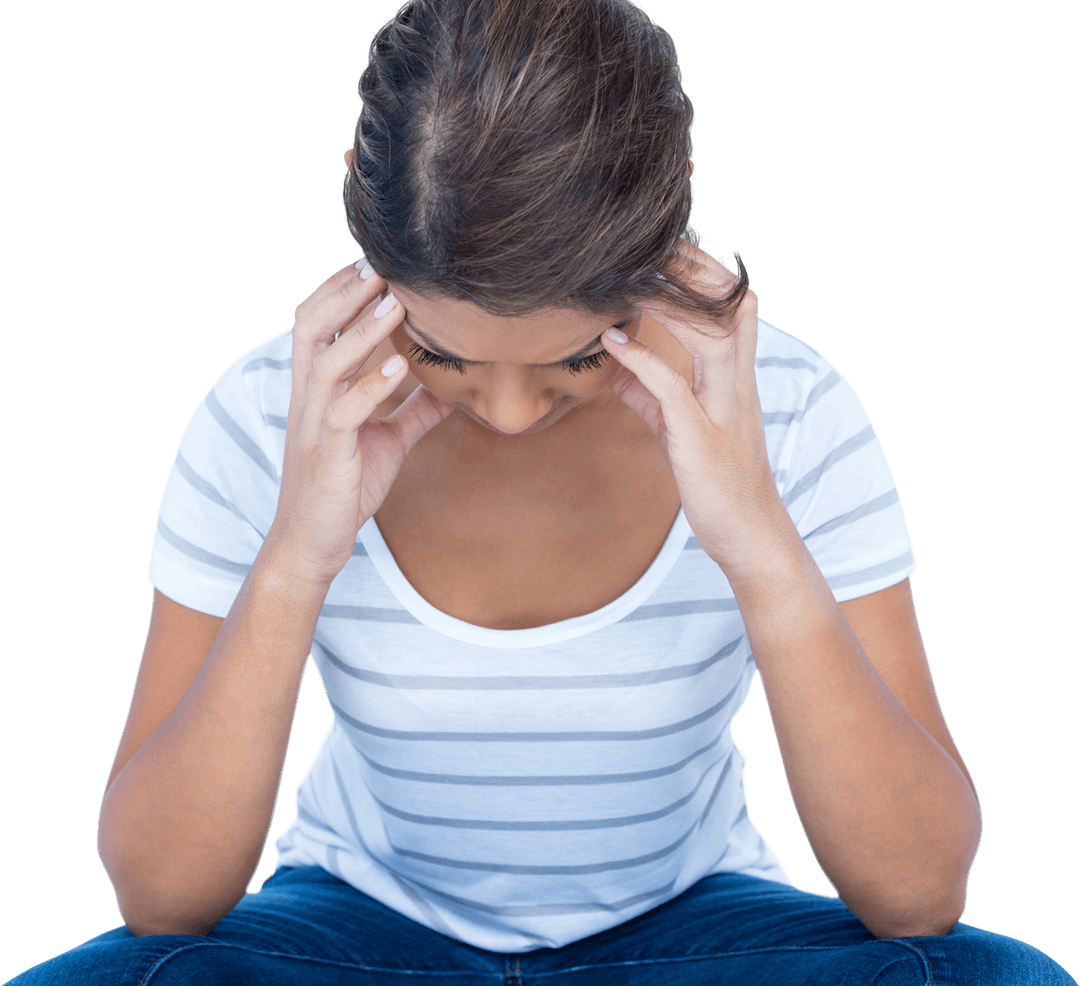 Clear Background Woman Sitting with Head in Hands