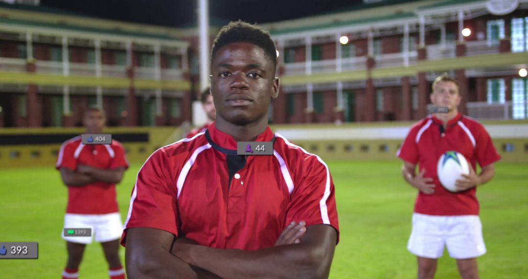 Mixed Race Football Team with Digital Overlay Notifications on Field