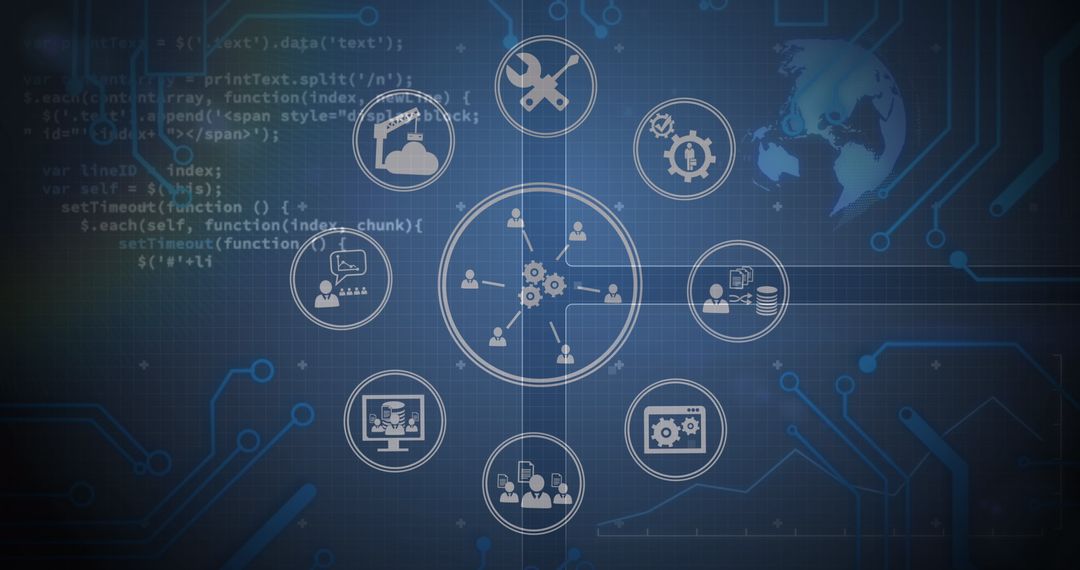 Global Network Technology Icons with Data Processing Overlay