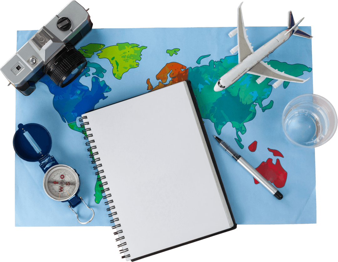 Transparent World Map with Travel Accessories for Travel and Explore Theme