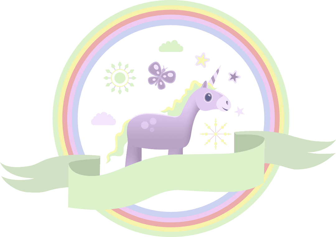 Transparent Cartoon Unicorn with Rainbow Banner Illustration