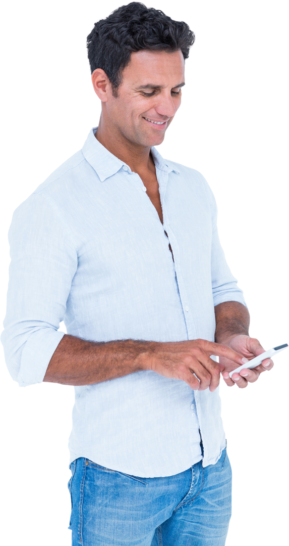 Smiling Man in Casual Clothing Texting on Smartphone Transparent Background - Download Free Stock Images Pikwizard.com