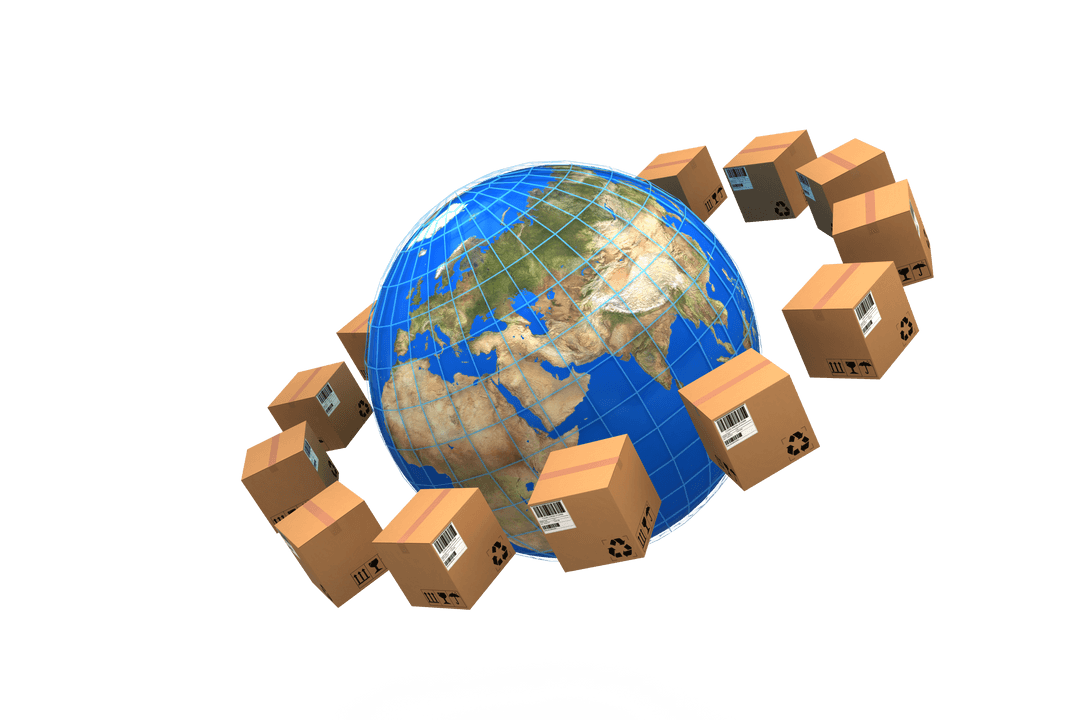 Transparent Earth Globally Surrounded by Parcel Boxes
