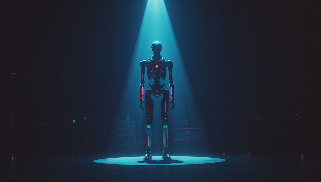Humanoid Robot Under Spotlight in Test Chamber