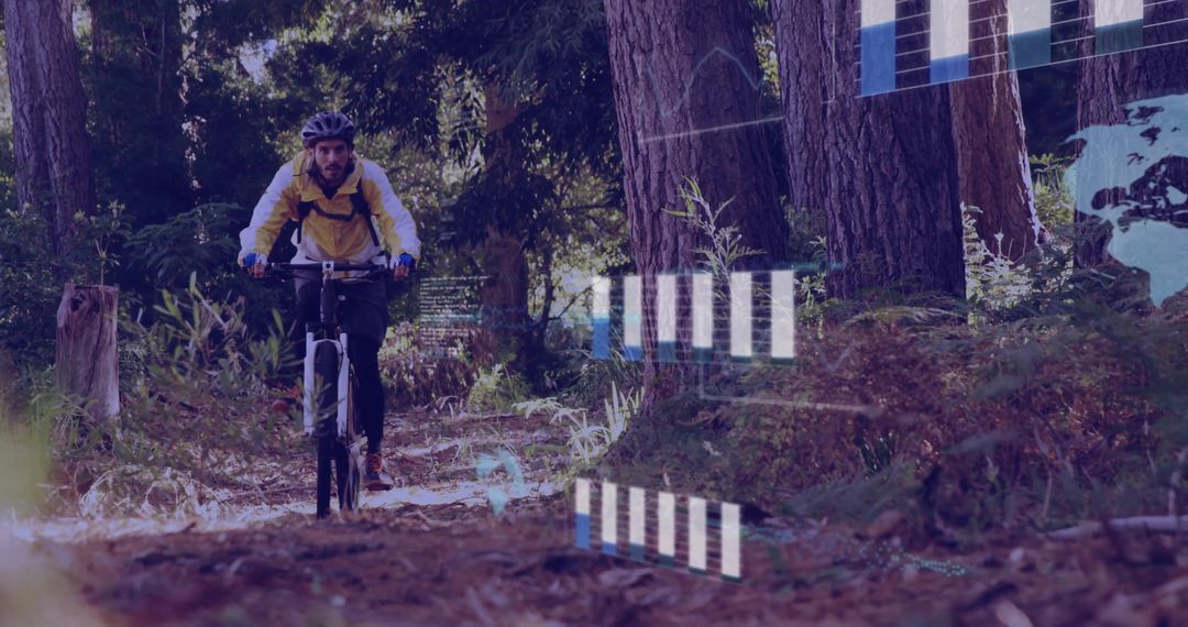Cyclist Adventures through Pine Trail with Futuristic HUD Overlay