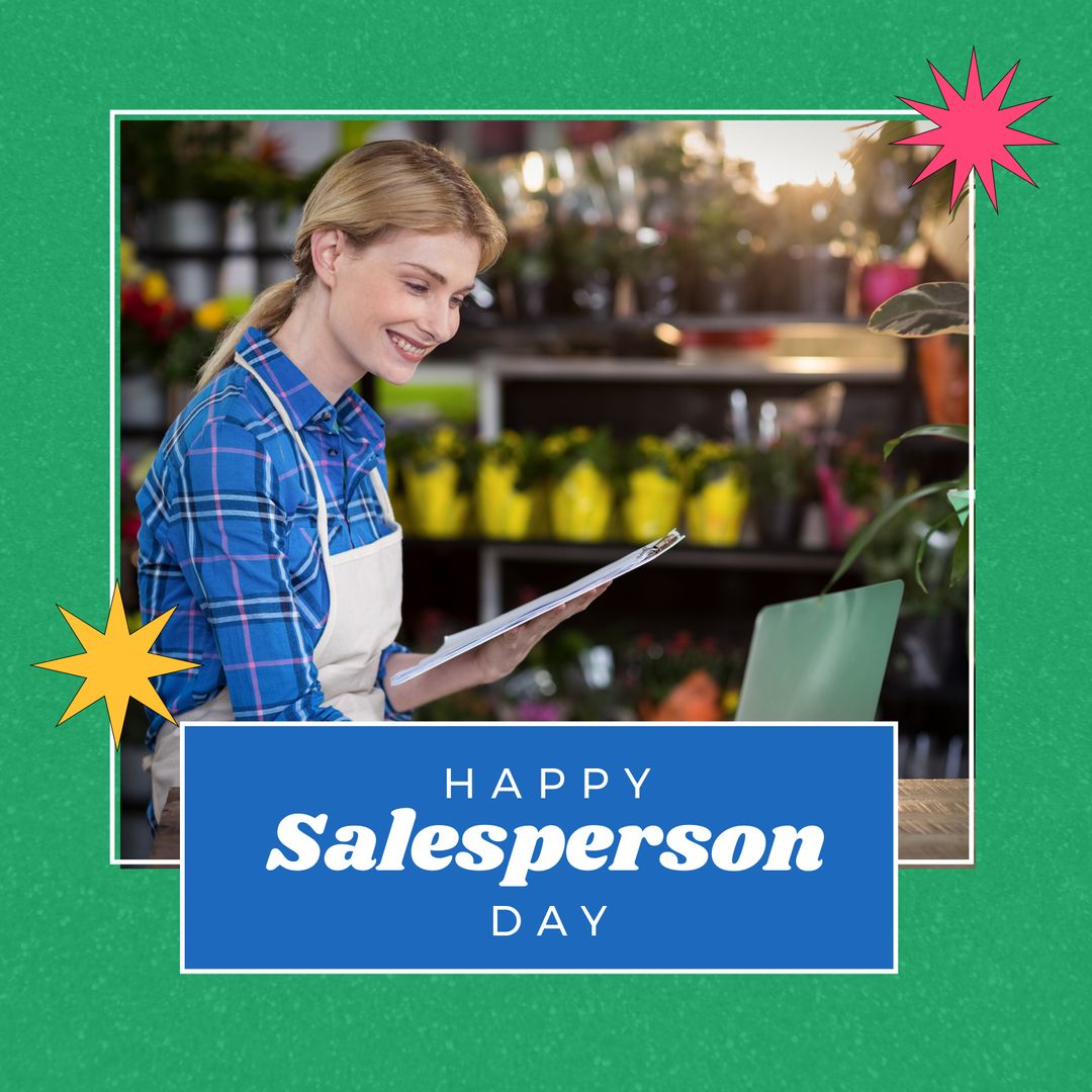 Happy Salesperson Day Floral Shop Greeting Caucasian Female Florist with Laptop - Download Free Stock Templates Pikwizard.com