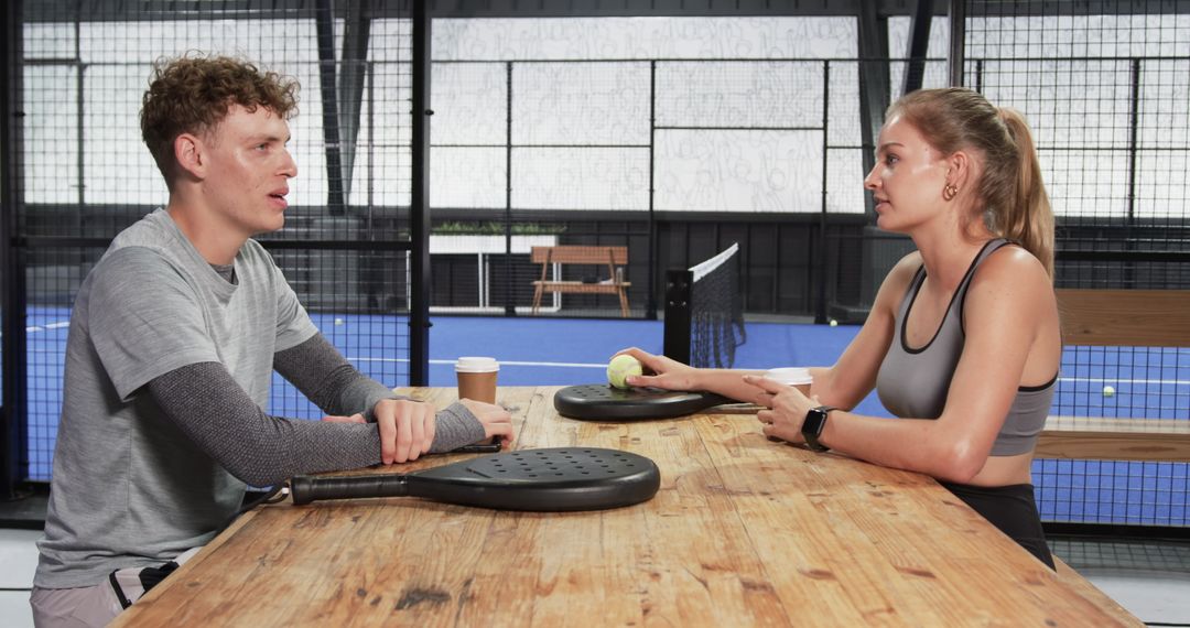 Friends Relaxing after Padel Game Discussing and Drinking Coffee