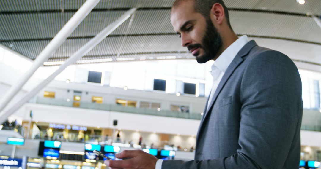 Business Professional Checking Phone at Modern Airport Terminal
