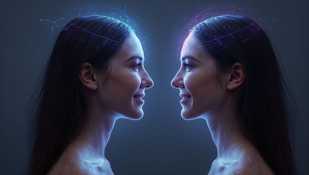 Facing twin female profiles with blue and purple neural overlays representing AI connection
