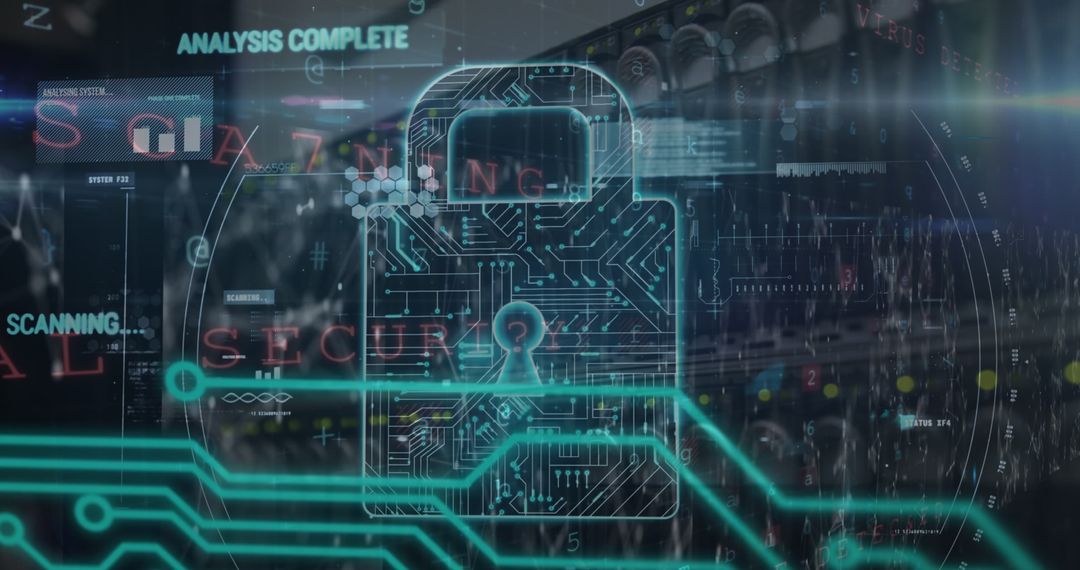 Digital Security Padlock Overlay on Network Server Room