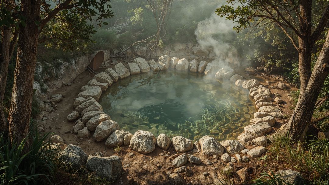 Steam Emanating Hot Spring in Tranquil Forest Clearing