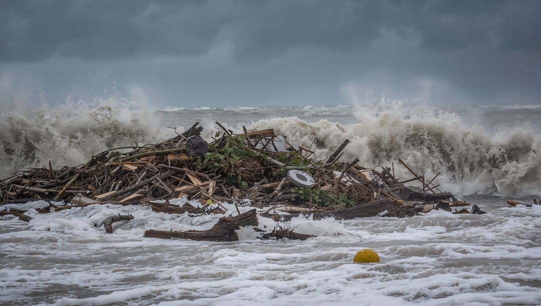 Stormy Seas with Driftwood and Debris Amidst Rolling Waves