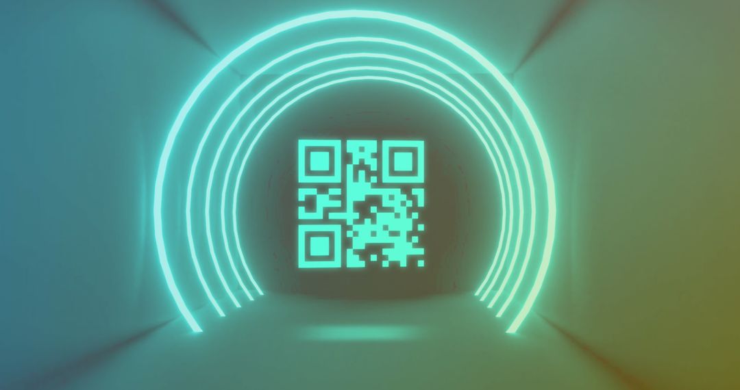 Neon QR Code Tunnel with Light Trails in Digital Realm