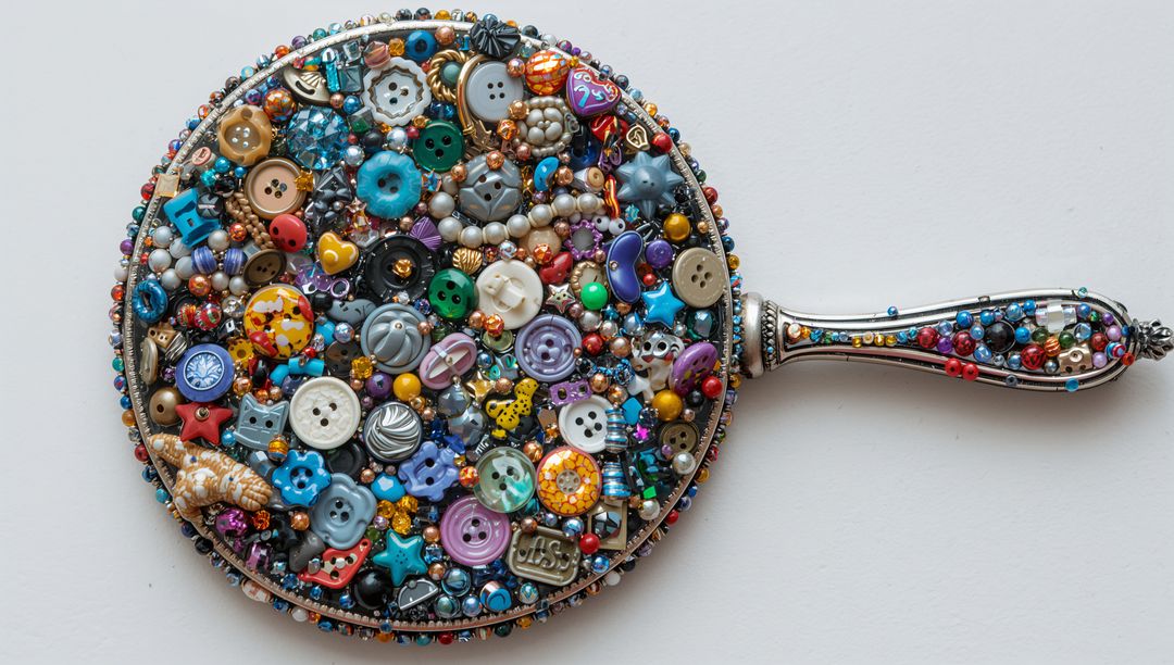 Handheld Mirror Featuring Colorful Buttons, Beads, Pearls and Charms