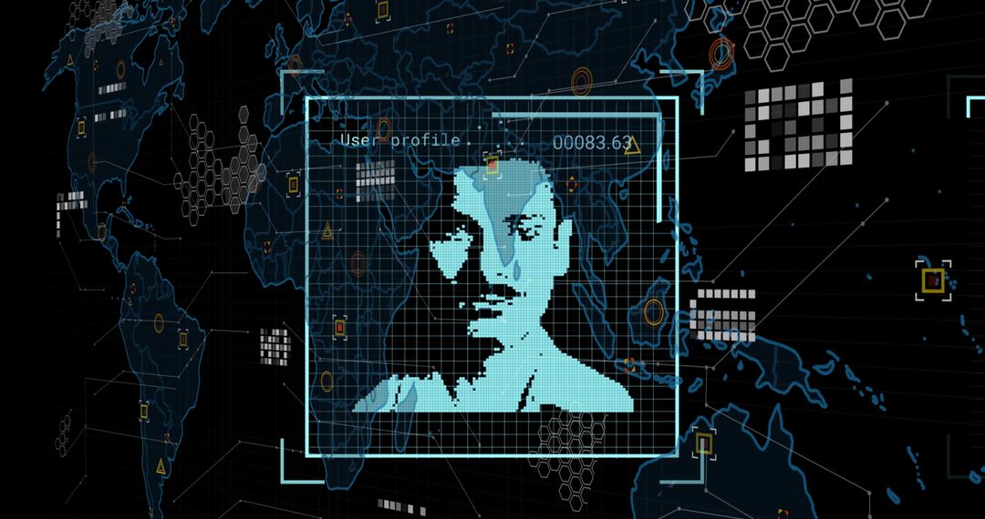 Abstract Data Processing with Digital Face on World Map