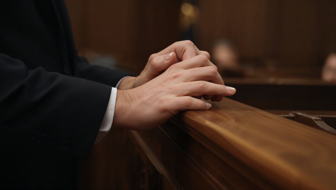 Clasping hands on courtroom railing wearing dark suit and white cuff conveying tension